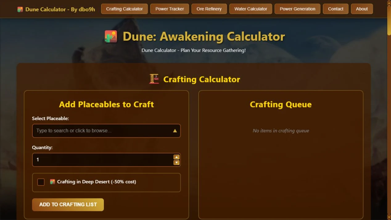 Dune Awakening Calculator showing the crafting calculator and crafting queue